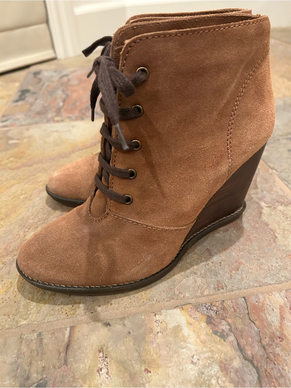 Mango Suede Lace-Up Wedge Booties — Tan, Size 9 - Picture 5 of 10
